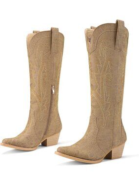 Women's Brown 1 Cowgirl Boots Embroidered Knee-High Western Boots Chunky Heel